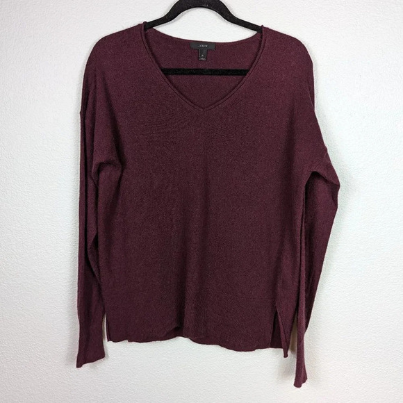J. Crew Sweaters - J. Crew Wine V Neck Split Hem Wool Blend Sweater Size Medium